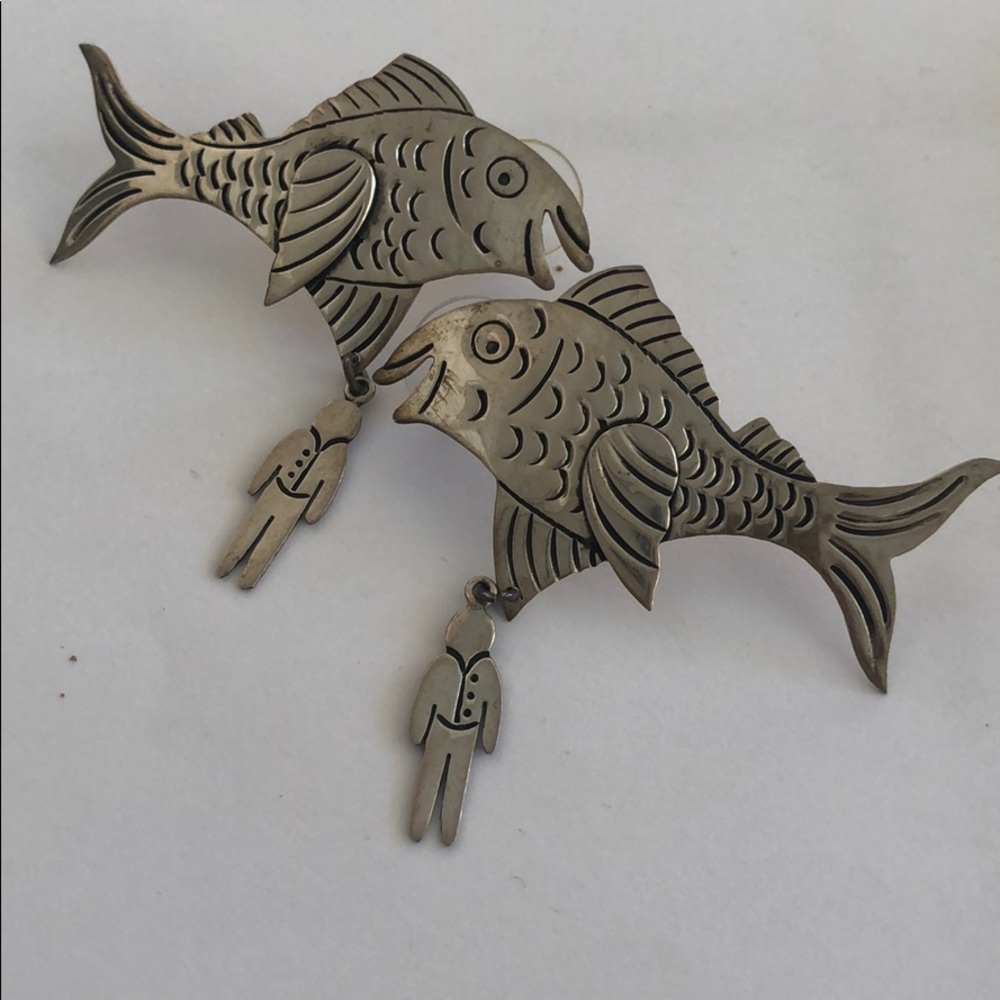 Sterling Black tracery vintage large fish earrings